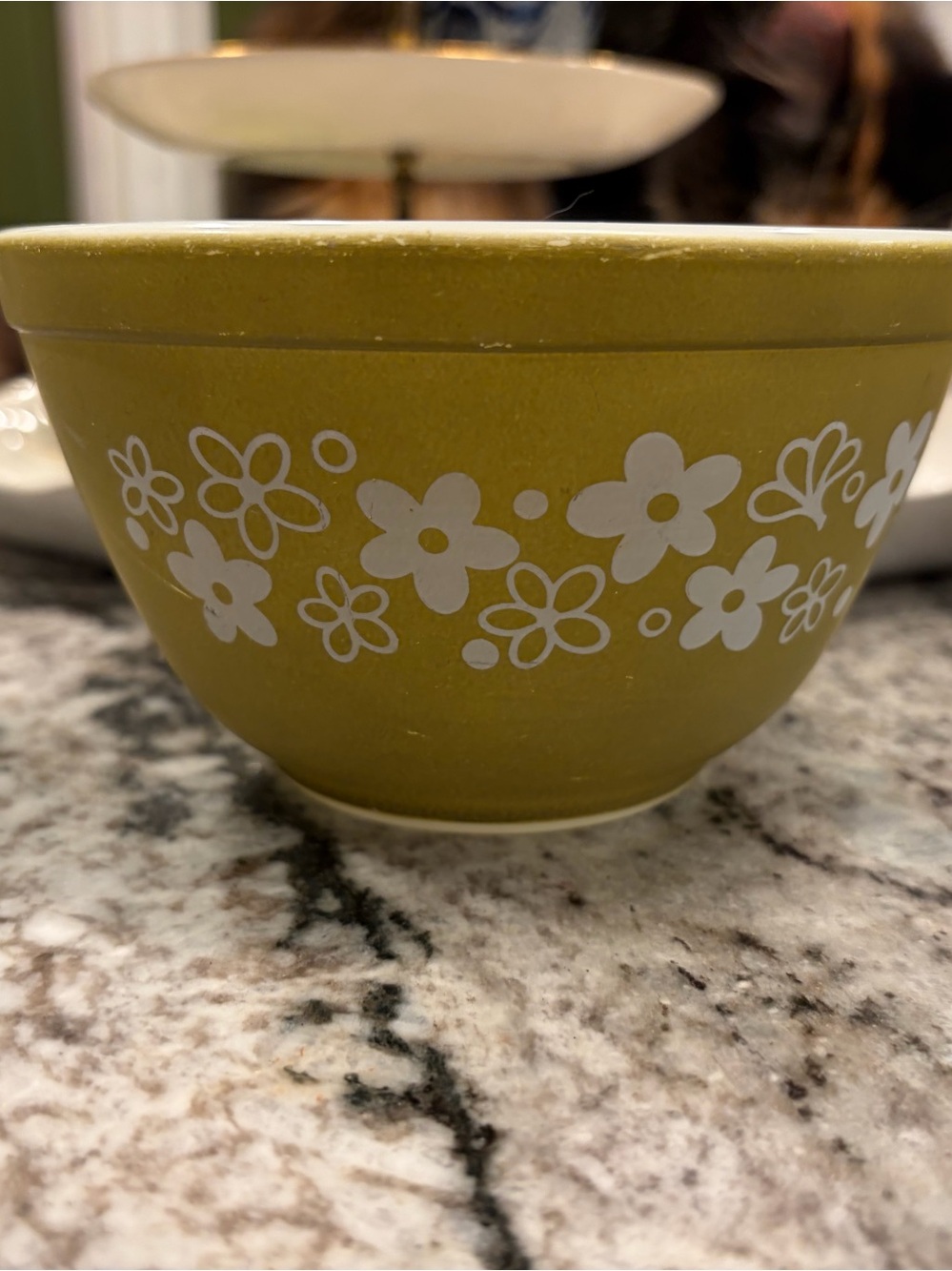 Vintage Pyrex Olive Green Floral Ceramic Bowl